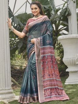 Odette - Womens Soft Silk Teal blue Printed Saree with Unstitched Blouse
