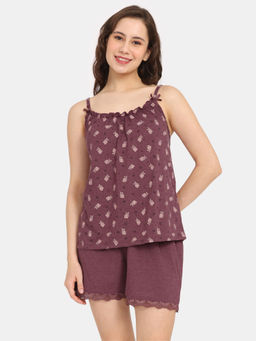 Zivame - Rosaline Joy Sticks Knit Cotton Top and Shorts - Merlot (Set of 2)