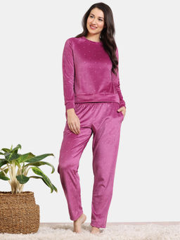 Zivame - Plush Velour Knit Poly Top and Pyjama - Sangria (Set of 2)