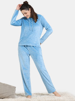 Zivame - Plush Velour Knit Poly Hoodie and Pyjama - Blue Mist (Set of 2)