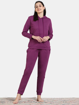 Zivame - Soft Terry Fabric Knit Cotton Hoodie and Pyjama - Dark Purple (Set of 2)