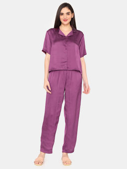 Zivame - Paradise Garden Woven Shirt and Pyjama - Dark Purple (Set of 2)
