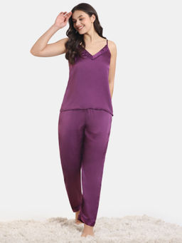 Zivame - Paradise Garden Woven Top and Pyjama - Dark Purple (Set of 2)