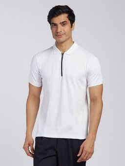 KINGDOM OF WHITE - Moonlight Polo Neck Metal Zipper Cotton White T-Shirt