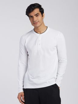 KINGDOM OF WHITE - Halo Black Collar Mandarin Pure Cotton White Full Sleeve Tee