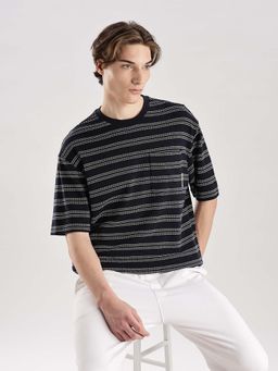 Calvin Klein - Navy Blue Striped Relaxed Fit Cotton T Shirt