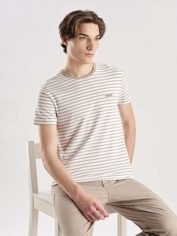 Calvin Klein - Beige Striped Slim Fit Cotton T Shirt