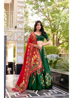 LooknBook Art - Green Printed Silk Lehenga with Unstitched Choli and Dupatta with Drawstring
