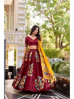 LooknBook Art - Maroon Printed Silk Lehenga with Unstitched Choli and Dupatta with Drawstring