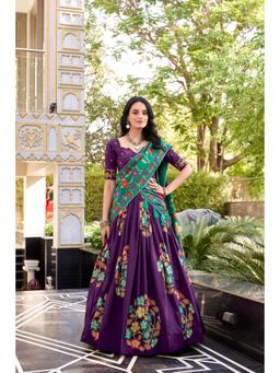 LooknBook Art - Purple Printed Silk Lehenga with Unstitched Choli and Dupatta with Drawstring