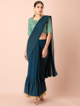 Indya - Teal Gold Ruffled Hem Saree