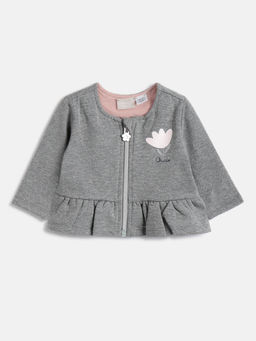 Chicco - Girls Grey Round Neck Placement Print Cotton Cardigan