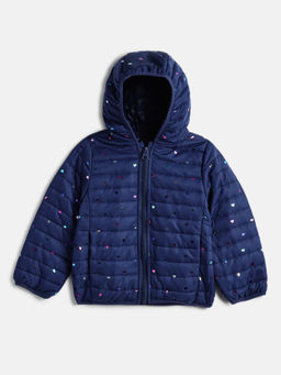 Chicco - Girls Navy Blue Hooded Printed Lightweight Puffer