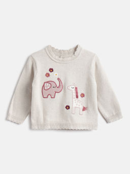 Chicco - Girls Beige Animal Embroidered Detail Sweater