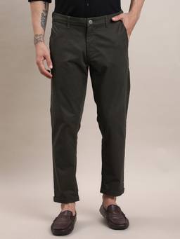 Turtle - Men Olive Cotton Blend Solid Tapered Fit Casual Trouser