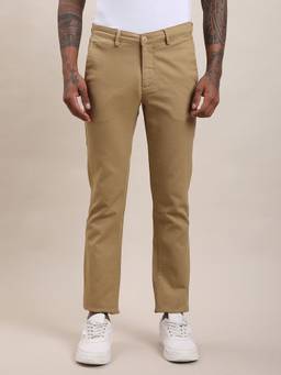 Turtle - Men Khaki Cotton Blend Solid Slim Fit Casual Trouser