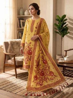 JATRIQQ - Women Yellow Jamdani Pichwai Weaving Unstitched Kurta with Pant and Dupatta