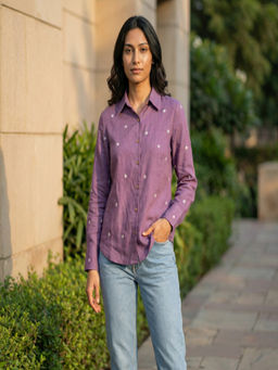 Vastara TheLabel - Daisy Embroidered Organic Cotton Purple Shirt