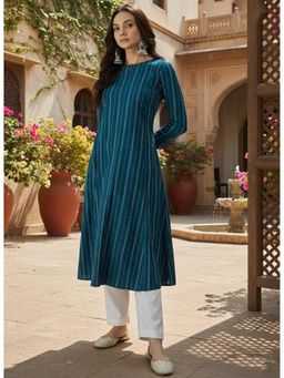 INDDUS - Teal Striped Design A-Line Kurta