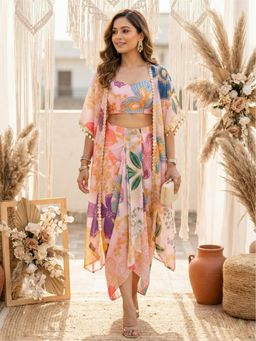 Label Kanupriya - Multi-Color Floral Skirt With Top and Cape