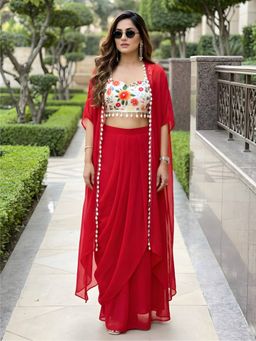 Label Kanupriya - Red Draped Skirt With Top and Cape