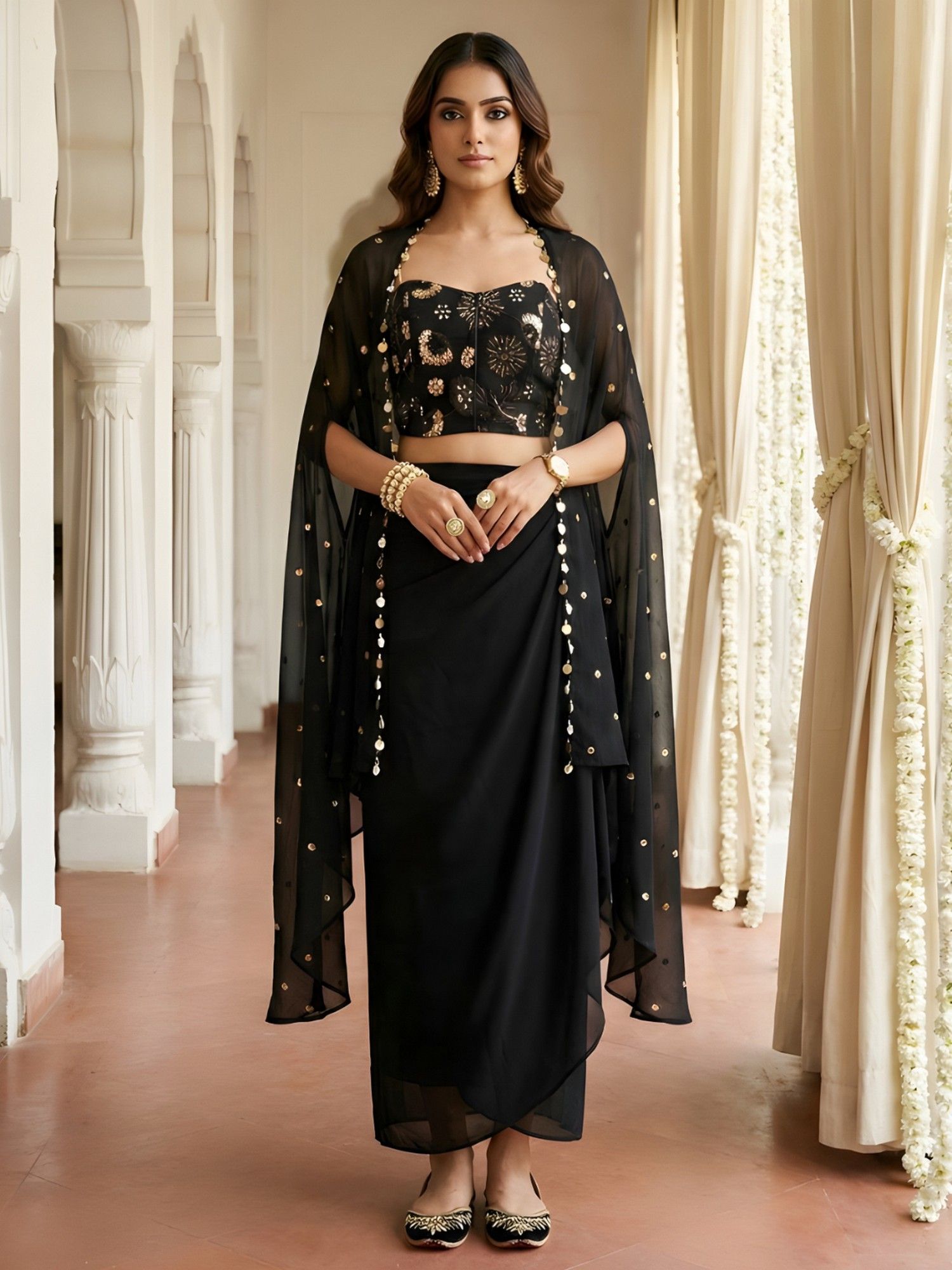 Black Skirt With Corset Top and Cape-image-8
