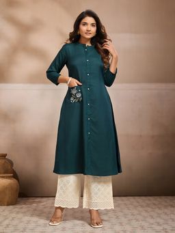 INDDUS - Green Floral Thread Button Detailed A-Line Kurta
