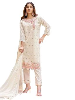 UDAY ENTERPRISE - Premium Pastel Cream Georgette Silk Semi-Stitched Kurta with Pant and Dupatta