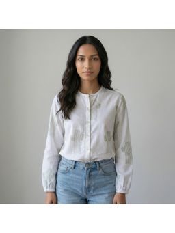 Vastara TheLabel - Cactus Printed Organic Cotton White Shirt