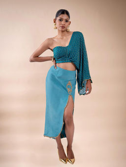 The Black Sheep Collective - Green Teal Symphony Draped Skirt and Crop Top
