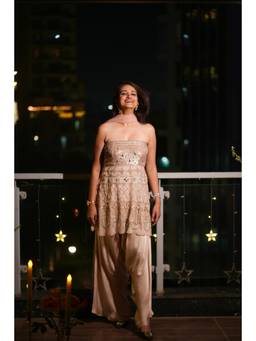 The Black Sheep Collective - Pink Art Deco Top with Dhoti and Dupatta