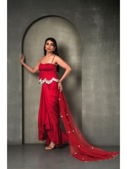 The Black Sheep Collective - Red Grecian Goddess Draped Skirt with Peplum Top and Dupatta