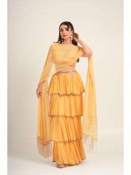The Black Sheep Collective - Yellow Marigold Ruffles Tiered Skirt with Crop Top and Dupatta