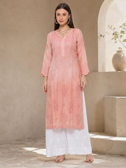 THREZO - Modal Satin Cutwork Women's Long Kurta - Rose Pink