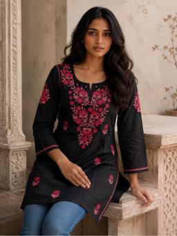 THREZO - Rayon Chikankari Solid Women's Short Kurta - Black