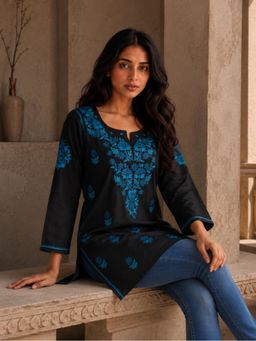 THREZO - Rayon Chikankari Solid Women's Short Kurta - Black