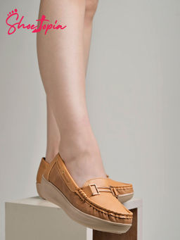 Shoetopia - Upper Buckle Detailed Tan Loafers for Women