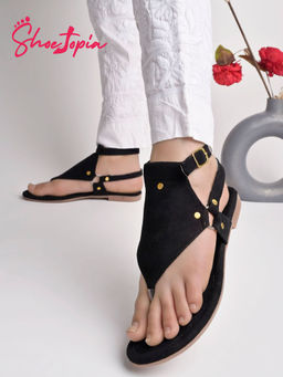 Shoetopia - Stylish Ankle Strap Black Flats for Women