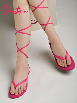 Shoetopia - Stylish Ankle Wrap Pink Flats for Women