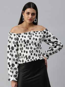 SHOWOFF - Women Off Shoulder Full Sleeves Printed White Top