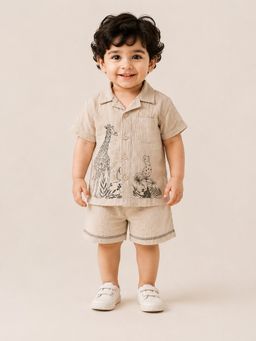 Bloom Up - Beige Safari Animal Print Shirt & Shorts Set For Toddlers