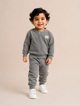 Bloom Up - Grey Textured Soft Full Sleeve Sweatshirt & Joggers Set