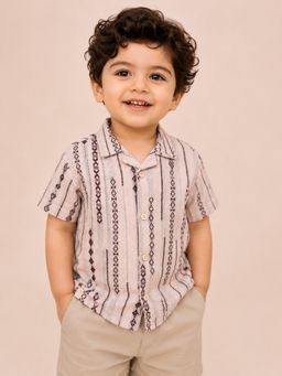 Bloom Up - Boys Ethnic Stripe Printed Cotton Shirt Beige Casual Half Sleeve Shirt