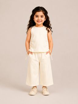 Bloom Up - Off White Sleeveless For Girls Soft Cotton Top & Pant Set