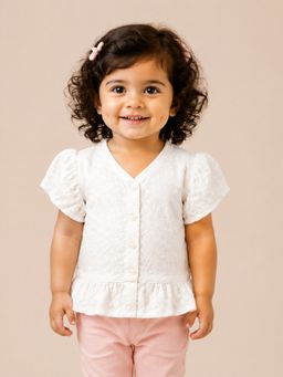 Bloom Up - White Lace Puffsleeve Top With Peplum Hem Stylish Wear For Toddlers