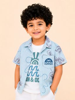 Bloom Up - Boys Sky Blue Printed Shirt With T-Shirt
