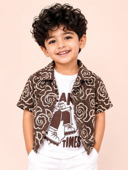 Bloom Up - Boys Coffee Brown Embroidered Shirt With T-Shirt