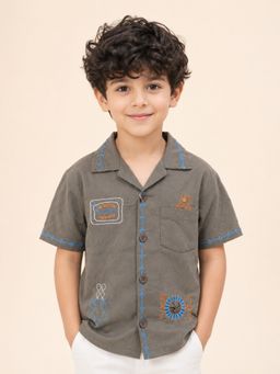 Bloom Up - Boys Coffee Brown Embroidered Casual Shirt