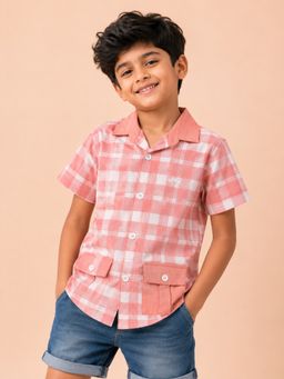 Bloom Up - Boys Peach Checked Casual Shirt