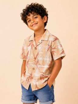 Bloom Up - Boys Beige Tropical Printed Shirt
